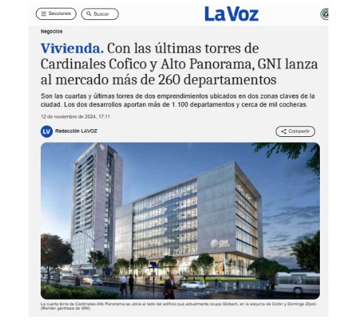 Vivienda. Con las últimas torres de Cardinales Cofico y Alto Panorama, GNI lanza al mercado más de 260 departamentos