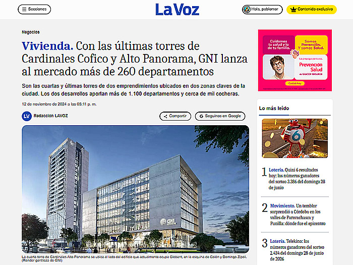 Vivienda. Con las últimas torres de Cardinales Cofico y Alto Panorama, GNI lanza al mercado más de 260 departamentos